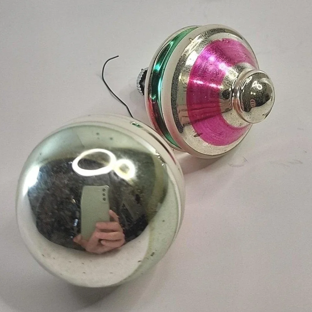 Shiny Brite UFO & Ball Mercury Glass Christmas Ornaments USA Lot of 2 Vintage
